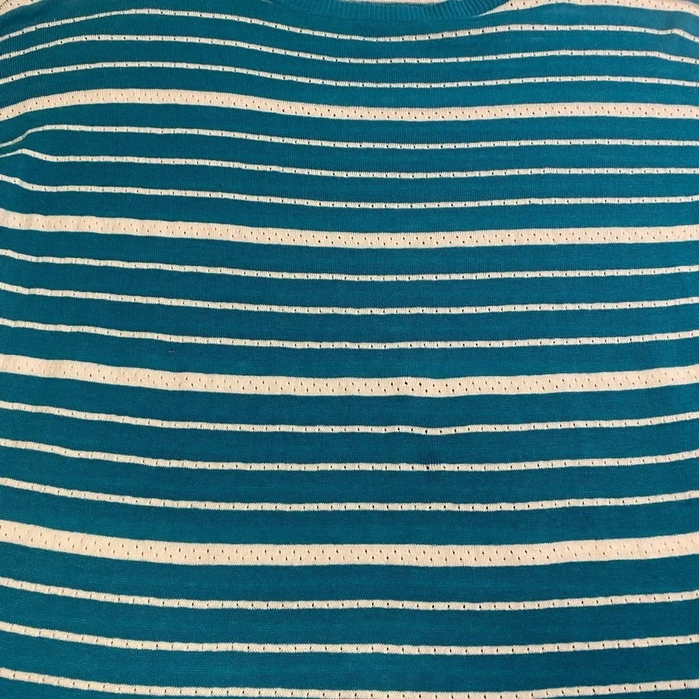 Talbots Sweater Shirt Teal Striped Linen Blend 3/4 Length Medium Petite Coastal - Picture 4 of 16